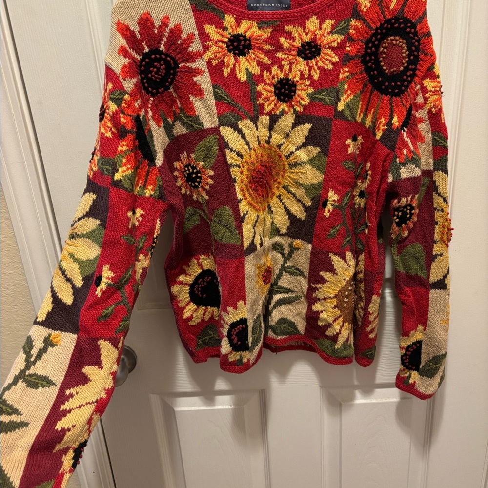 Vintage Northern Isles Knit Red Sunflower Sweater Size:XL